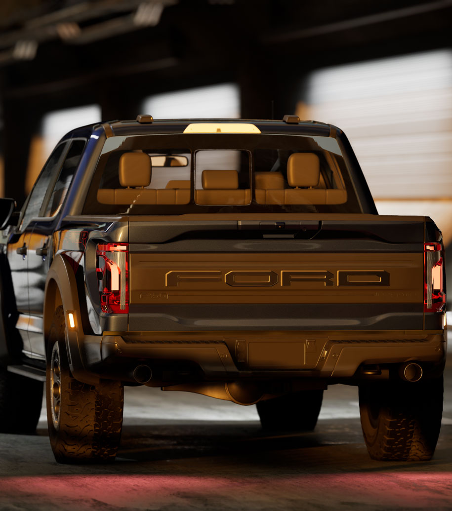 Rear view of Ford Raptor driving through a tunnel