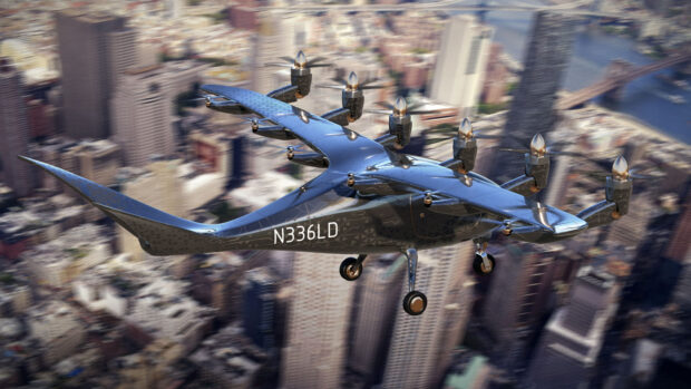 Aerial eVTOL flying over New York City