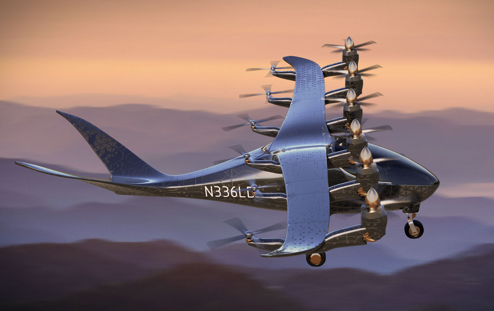 EVTOL side view of plane flying through orange skies