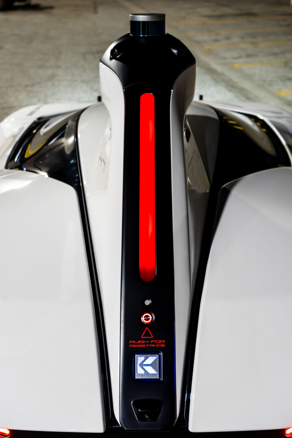 Rear view Knightscope logo and "push for assistance" button