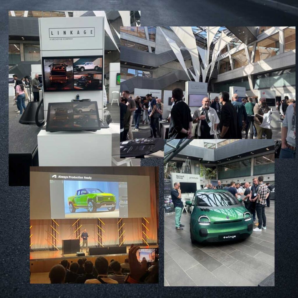 Collage of photos from AIF 2026, including a photo of Linkage Design's stand, a presentation by autodesk, a green renault car, and a photo of a group of people congregating in a main conference room.