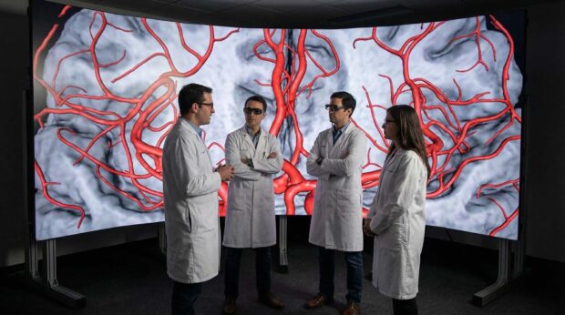 Doctors stand in front of a large immersive, seamless screen with a brain scan image on the screen