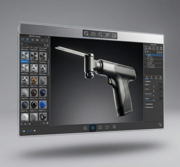 3D design software interface displaying a black handheld surgical saw, with material options and scene controls on either side.