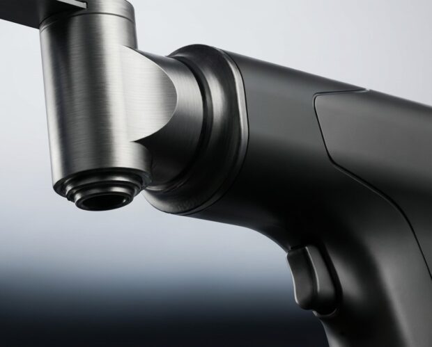 Close-up of a black surgical saw featuring a brushed-metal cutting head, circular blade attachment point, and trigger against a light-to-dark gradient background.