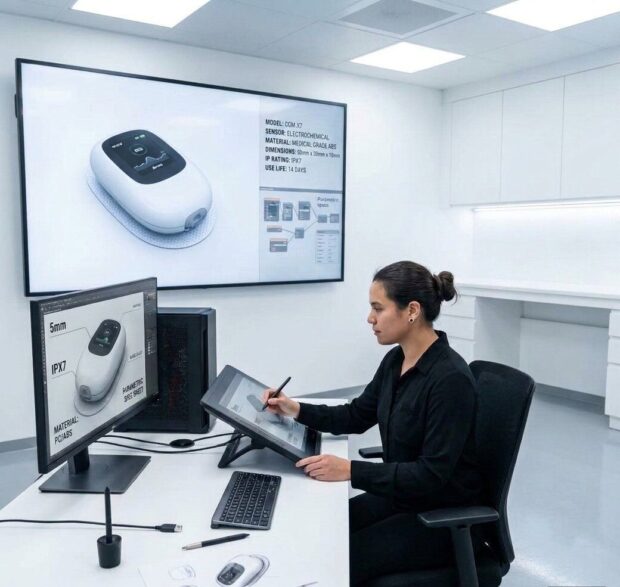 Medical device designer using a digital drawing tablet to create a compact wearable medical monitoring device in a modern product development laboratory